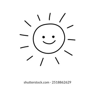 Sol com linha de ícone de sorriso, mão de rabiscar desenhada. Sol e brilho solar. Sol em círculo decorativo e luz solar com rosto feliz. Energia solar quente. As crianças pintam. Ilustração vetorial