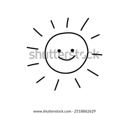 Sun with smile icon line, doodle hand drawn. Sunshine and solar glow. Decorative circle sun and sunlight with happy face. Hot solar energy. Children paint. Vector illustration