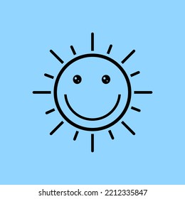 Sun Smile Icon In Linear Style. Hand Drawn Sun Character Isolated Icon. Vector Eps10