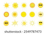 Sun smile icon set. Hand drawn Sun. Happy smiling sun. Cute sun. Sunshine emoji. Doodle children drawing. Vector illustration
