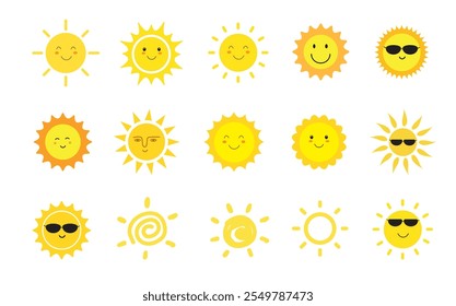 Sun smile icon set. Hand drawn Sun. Happy smiling sun. Cute sun. Sunshine emoji. Doodle children drawing. Vector illustration