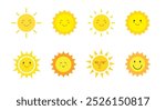 Sun smile icon set. Happy smiling sun. Cute sun. Sunshine emoji. Funny emotion. Vector illustration