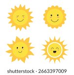 Sun smile icon set. Happy smiling sun. Cute sun. Sunshine emoji. Funny emotion. Vector illustration