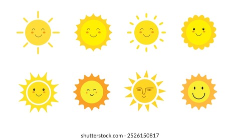 Ícone de sorriso do sol definido. Feliz sol sorridente. Sol bonito. Emoji de sol. Emoção engraçada. Ilustração vetorial