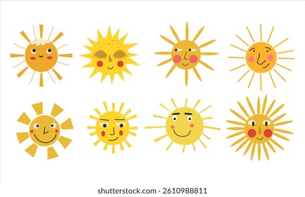 Sun smile icon set. Happy smiling sun. Cute sun. Sunshine emoji. Funny emotion. Vector illustration