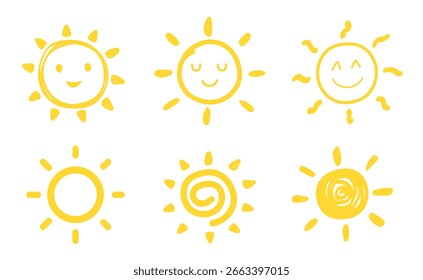 Sonnenlächel-Symbolsatz. Fröhlich lächelnde Sonne. Nette Sonne. Sonnenschein Emoji. Lustige Emotionen. Vektorgrafik