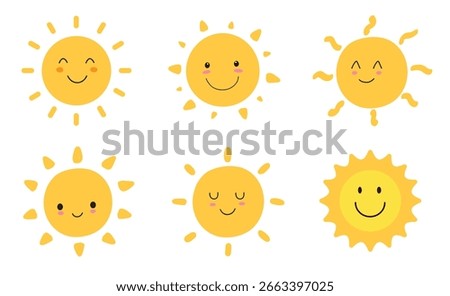 Sun smile icon set. Happy smiling sun. Cute sun. Sunshine emoji. Funny emotion. Vector illustration