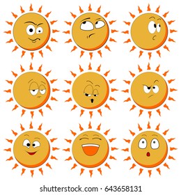 Sun Smile Icon Set Isolated on White Background. illustration. Set Of Sun Smile Emotion Icons. Set of Sun. All elements are grouped.