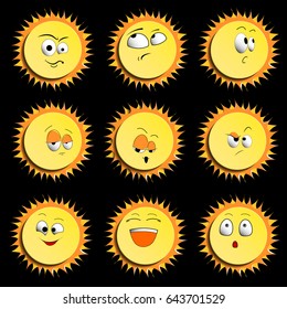 Sun Smile Icon Set Isolated on Black Background. illustration. Set Of Sun Smile Emotion Icons with Shadows. Set of Sun.