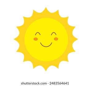 Sonrisa del sol aislado sobre fondo blanco. Feliz sol sonriente. Lindo sol. Emoji de sol. Emoción divertida. Ilustración vectorial