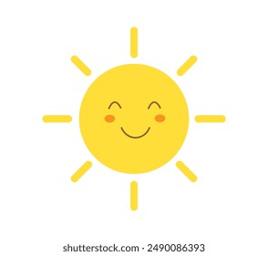 Sun smile isolated on white background. Happy smiling sun. Cute sun. Sunshine emoji. Funny emotion. Vector illustration