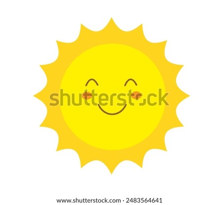 Sun smile isolated on white background. Happy smiling sun. Cute sun. Sunshine emoji. Funny emotion. Vector illustration