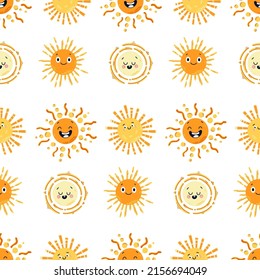 Sun with smile vector repeat pattern for baby design. Cute Sunshine seamless pattern for kids.