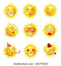 Sun smiles cartoon emoticons and summer emoji faces vector icons set