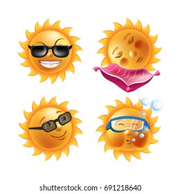 Sun smiles cartoon emoticons and summer emoji faces vector icons set