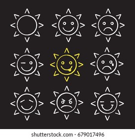 Sun smiles chalk icons set. Bad and good mood. Winking, smiling, crying, happy angry, yummy sad sun smiles. Isolated vector chalkboard illustrations