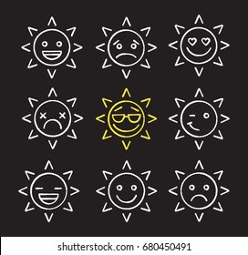 Sun smiles chalk icons set. Bad and good mood. Winking, smiling, dead, happy, cool, in love, yummy sad sun smiles. Isolated vector chalkboard illustrations