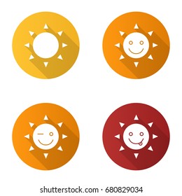 Sun smiles flat design long shadow glyph icons set. Good mood. Smiling, yummy and winking sun smiles. Vector silhouette illustration