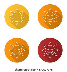 Sun smiles flat linear long shadow icons set. Smiling, yummy and winking sun smiles. Vector outline illustration