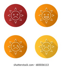 Sun smiles flat linear long shadow icons set. Sad, teary, dead, laughing sun smiles. Good and bad mood. Vector outline illustration