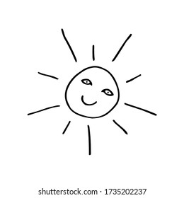El sol sonríe. Sol ardiente. Las luces de un sol. Líneas negras sobre un fondo blanco. Vector. garabato