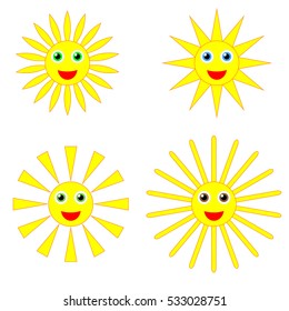 The sun smiles icon collection. Isolated objects on a white background. Vector illustration