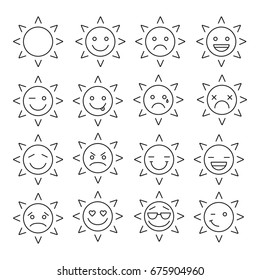 Sun smiles linear icon. Emoticons thin line illustration. Feelings, emotions contour symbol. Sun faces. Vector isolated outline drawing