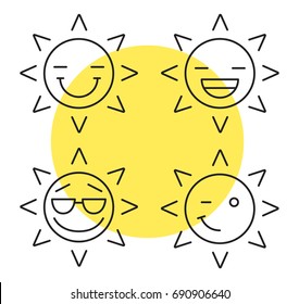 Sun smiles linear icons set. Emoticons. Laughing, happy, cool and winking sun smiles. Thin line contour symbols. Isolated vector outline illustrations