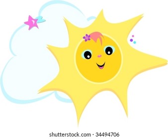 Sun with Smiles, Star, Cloud, and Flower Vector
