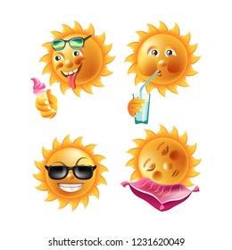 Sun smiles or summer cartoon emoticons and happy emoji faces with expressions. Vector isolated icons of shining suns smiling.