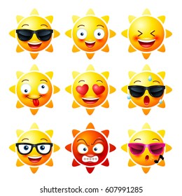 Sun, Smiley face icons or yellow emoticons with emotional funny faces in realistic . emojis .Vector illustration