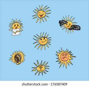 Sun Smileys In Different Moods - Vector Art
