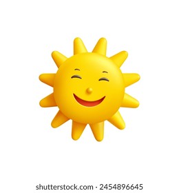 El sol está sonriendo, en 3D. Feliz sol amarillo, emoji de cara de risa. Icono divertido para conceptos de diseño, diversión, Clima, sentimiento e infancia. Vector