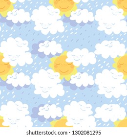 The sun is smiling among the clouds. On a blue background. Seamless pattern