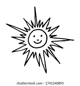 El sol es un doodle sonriente vector ilustración de fondo blanco y negro dibujado a mano para el diseño de tarjetas de vacaciones, invitaciones, menús, pegatinas, iconos, empaque, afiches.