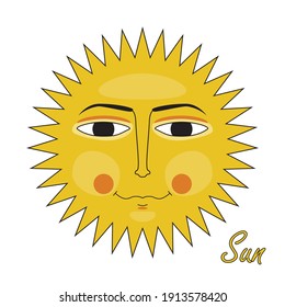 The sun. The smiling face of the sun. A cartoon-style character. Vector illustration isolated on a white background for design and web.