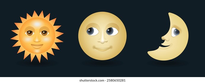 Sun with smiling face, half and full moon face vector emoji illustration isolated on dark background