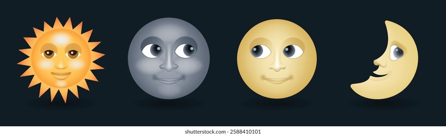 Sun with smiling face, half and full moon face vector emoji illustration isolated on dark background