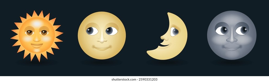 Sun with smiling face, half and full moon face vector emoji illustration isolated on dark background