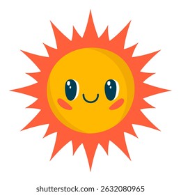 Sun with smiling face isolated on white background. Cheerful cartoon weather icon, hand drawn