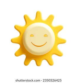 Sun with a smiling face, presented in 3D minimal design, is an illustration.