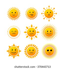  Sun Smiling Icon Set Isolated on White Background. Vector illustration