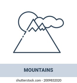 Sun   snow  capped mountain peaks outline monochrome icon and title  Concept travel  summer vacation   rest  Vector monochrome illustrations isolated white background 