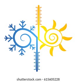 Sun and snowflake abstract symbol of temperature. Thermometer silhouette.