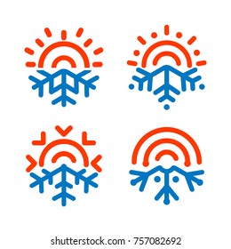 Sun and snowflake emblems. Weather, temperature icon. Freezing, heating, sunny, frosty vector symbols. Any weather abstract logo. Air conditioning, climate control infographic design elements. 