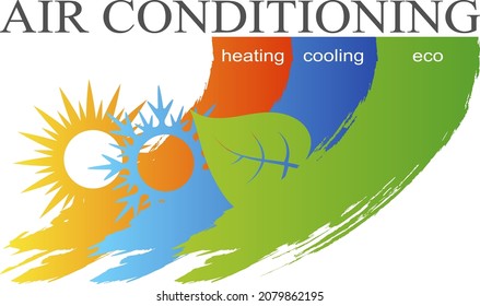 Símbolo de aire acondicionado de sol, copo de nieve y hoja verde. Aire acondicionado ecológico