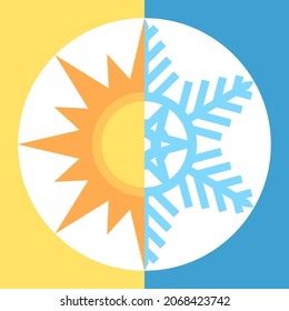 Sun and snowflake halves. Summer and winter seasons, air conditioning, hot and cold weather and climate concept. Flat design. Vector illustration. EPS 8, no gradients, no transparency