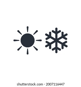 Sun and snowflake. Heat and cold. Paired contrast, opposites. Vector icon isolated on white background.