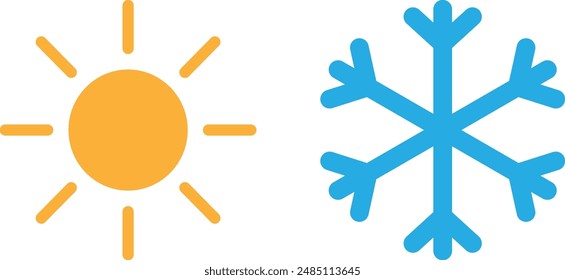 Sun and snowflake icon set . Hot and cold sun and snowflake icons . Summer and winter icons . Vector illustration