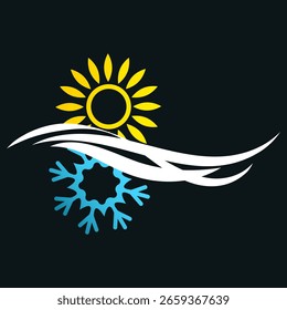 Sun and snowflake separated by air flows. Air conditioner sign